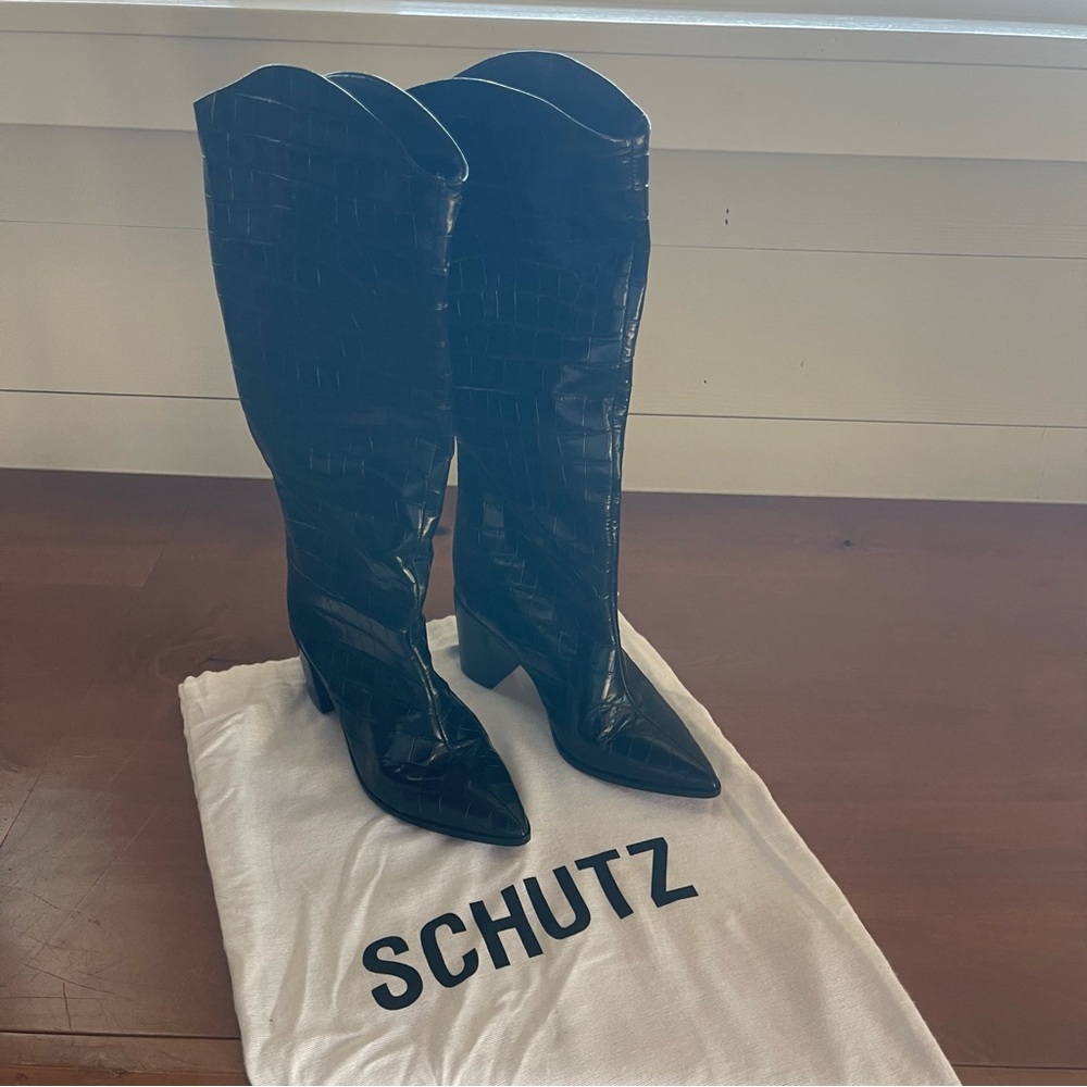 SCHUTZ Maryana Pointed Toe Block Heel Black Textured Knee High Boots